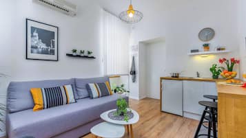 Appartement Deluxe, 1 grand lit et 1 canapé-lit, non-fumeurs, coin cuisine | Coin cuisine privé | Réfrigérateur, plaque de cuisson, cafetière/bouilloire
