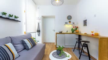 Apartamento Deluxe, 1 cama de matrimonio con sofá cama, no fumadores, cocina básica | Cocina básica privada | Cafetera o tetera, frigorífico, placa de cocina y hervidor eléctrico