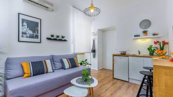 Apartamento Deluxe, 1 cama de matrimonio con sofá cama, no fumadores, cocina básica | Cocina básica privada | Frigorífico, placa de cocina, cafetera o tetera y hervidor eléctrico