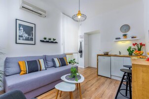 Apartamento Deluxe, 1 cama de matrimonio con sofá cama, no fumadores, cocina básica | Cocina básica privada | Frigorífico, placa de cocina, cafetera o tetera y hervidor eléctrico