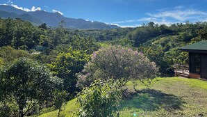 A lush green landscape with a wooden cabin and a mountain range in the background. - La Cantera Resort (Cajón)