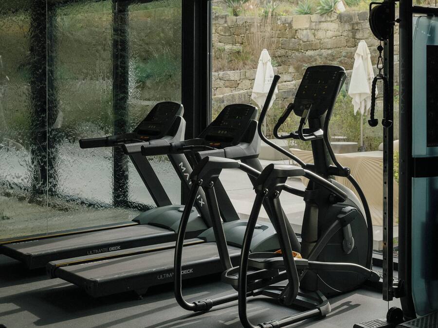 Une salle de sport équipée de tapis de course et d’appareils d’exercice, de grandes fenêtres donnant sur un espace verdoyant et un mur en pierre à l’extérieur.