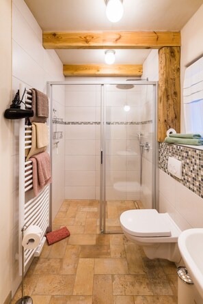 A bathroom with a shower, toilet, and a towel rack with towels. - Adelinenhof (Burg (Spreewald))