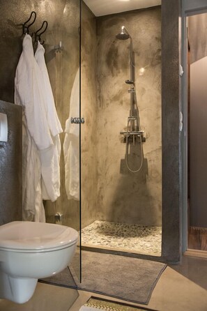 Douche, sèche-cheveux, serviettes fournies, savon