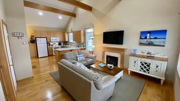 TV connectée, cheminée, livres, chaßne hi-fi