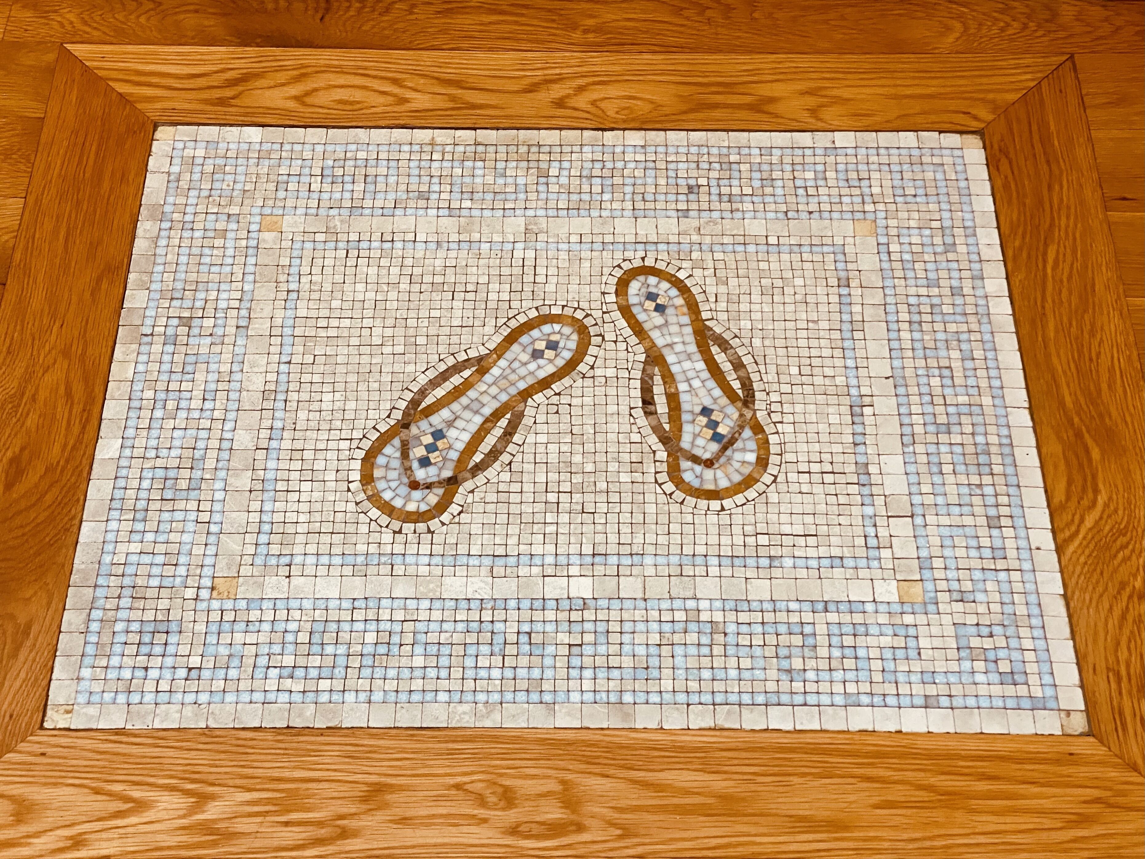 A mosaic floor with a geometric pattern and two pairs of shoes.