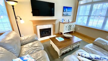 TV connectée, cheminée, livres, chaîne hi-fi