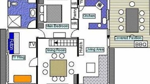 A floor plan with a main bedroom, dining room, kitchen, covered pavilion, and BBQ area. - The Old Boathouse - kayak / high speed internet / minutes to the beach (Burrill Lake)
