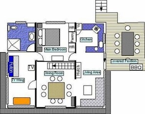 A floor plan with a main bedroom, dining room, kitchen, covered pavilion, and BBQ area. - The Old Boathouse - kayak / high speed internet / minutes to the beach (Burrill Lake)