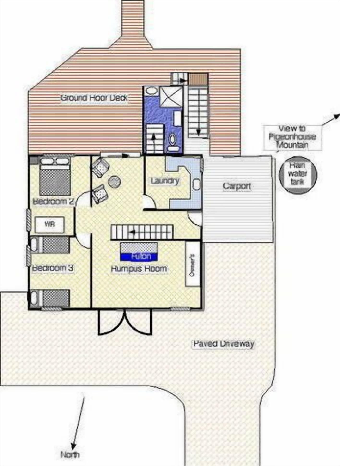 Plan d’étage d’une maison comprenant une terrasse au rez-de-chaussée, deux chambres, une buanderie, un abri pour voiture, une pièce pour le compostage et une vue sur une montagne où se trouve un pigeonnier.