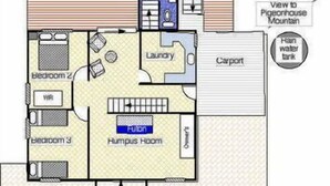 A floor plan of a house with a ground floor deck, two bedrooms, a laundry room, a carport, a humus room, and a view to a pigeonhouse mountain. - The Old Boathouse - kayak / high speed internet / minutes to the beach (Burrill Lake)