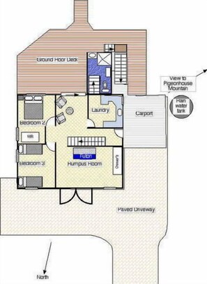 A floor plan of a house with a ground floor deck, two bedrooms, a laundry room, a carport, a humus room, and a view to a pigeonhouse mountain. - The Old Boathouse - kayak / high speed internet / minutes to the beach (Burrill Lake)
