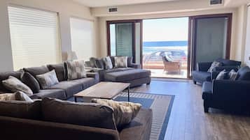 Flat-screen TV, fireplace