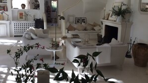 Amplia sala de estar con chimenea, un sofá y una mesa de centro. Hay plantas y libros en los estantes.