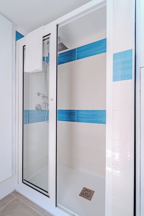 Shower, hair dryer, bidet, towels