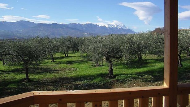 Vue extérieure depuis un balcon en bois, avec un vignoble et des montagnes en arrière-plan.