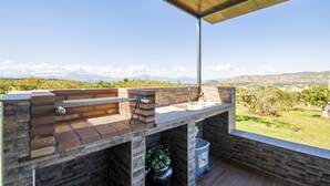 Cocina exterior con parrilla de ladrillo, pileta y plantas en macetas.