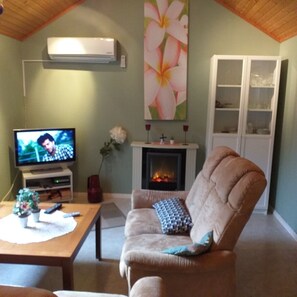 Een televisie en een open haard