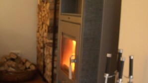 A room with a wood-burning stove, a basket of firewood, and a fireplace.