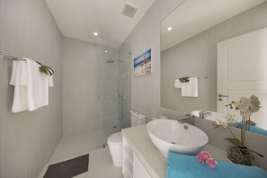 A modern bathroom with a glass-enclosed shower, a large sink, and a mirror. - 2 bed/2 bath Private Pool and Garden Villa - Stylish, Sophisticated and Fun! (Ko Samui)