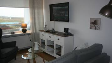 Una televisión, libros, un reproductor estéreo