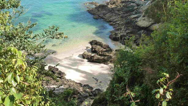 A coastal landscape with clear turquoise waters, rocky shorelines, and dense greenery. - In Dinard, house with garden close to the sea - Gîte "Aod Gwer-Vein (Dinard)