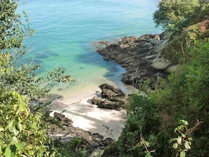 Een kustlandschap met helder turquoise water, rotsachtige oevers en weelderige begroeiing.