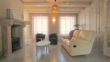 Televisie, een open haard, een dvd-speler en boeken