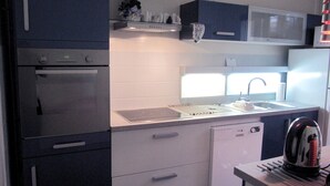 A compact kitchen with a built-in oven, a microwave, a sink, and a dishwasher. - Fully furnished holiday apartment 4 * rated - very pleasant - 700 sq feet (Chambéry)