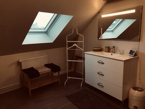 Hair dryer, towels, soap, toilet paper