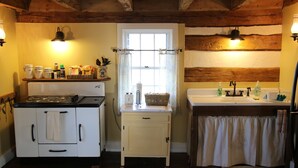 Una cocina compacta con estufa, lavamanos y una ventana con cortinas.
