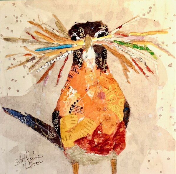 Una pintura de un pájaro con una cinta métrica alrededor del cuello.