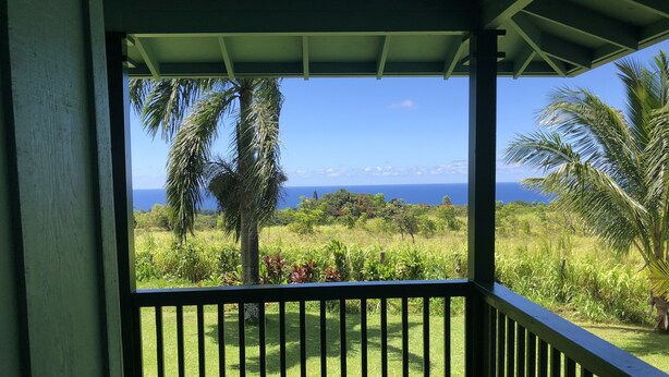 A covered porch with a view of a lush landscape and the ocean.