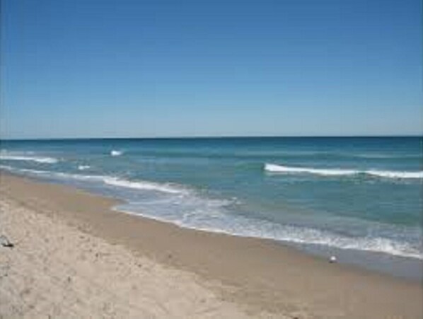 On the beach, sun-loungers, beach towels