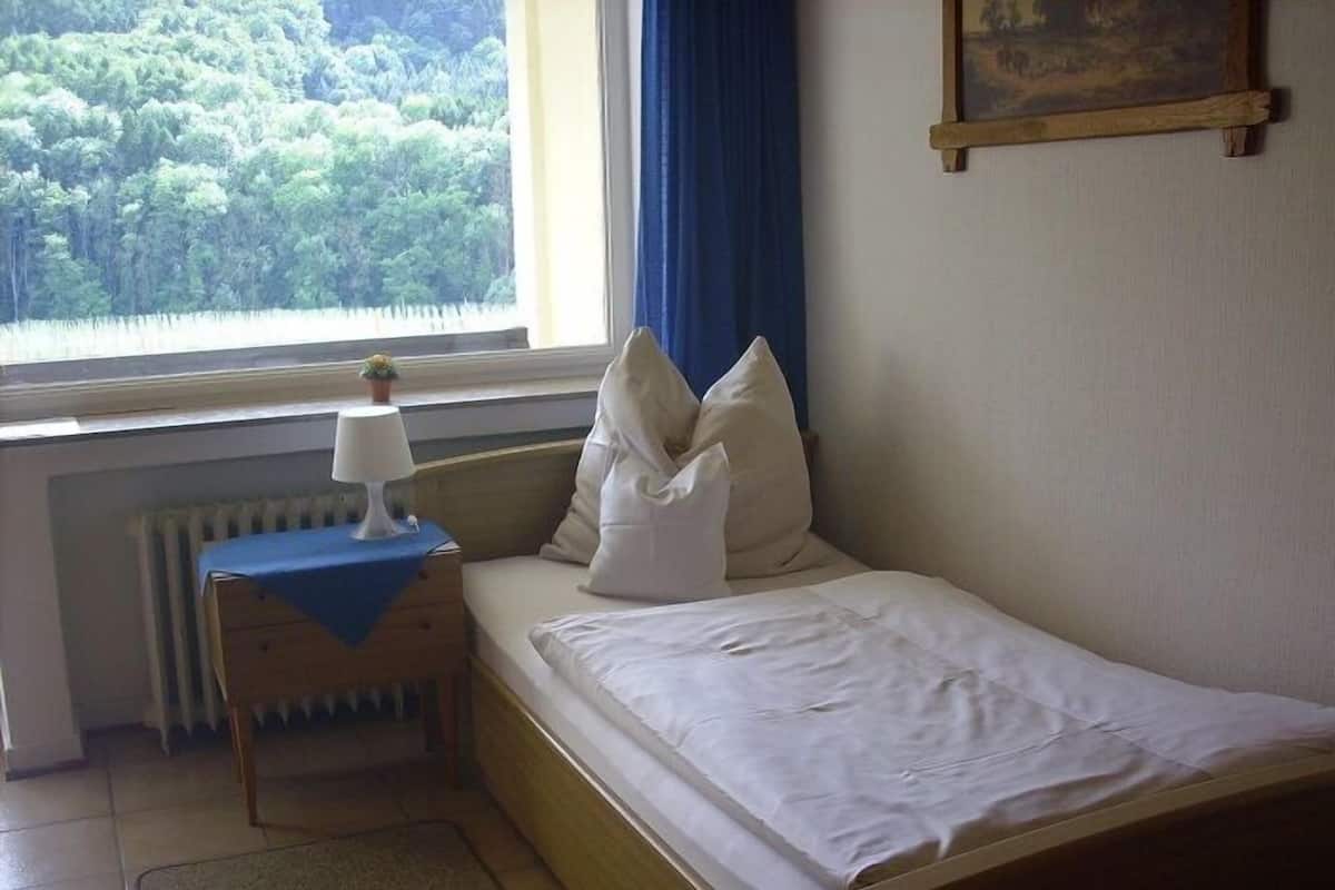 Un letto singolo con biancheria da letto bianca, un comodino con una lampada, una finestra vista alberi e un quadro appeso al muro.