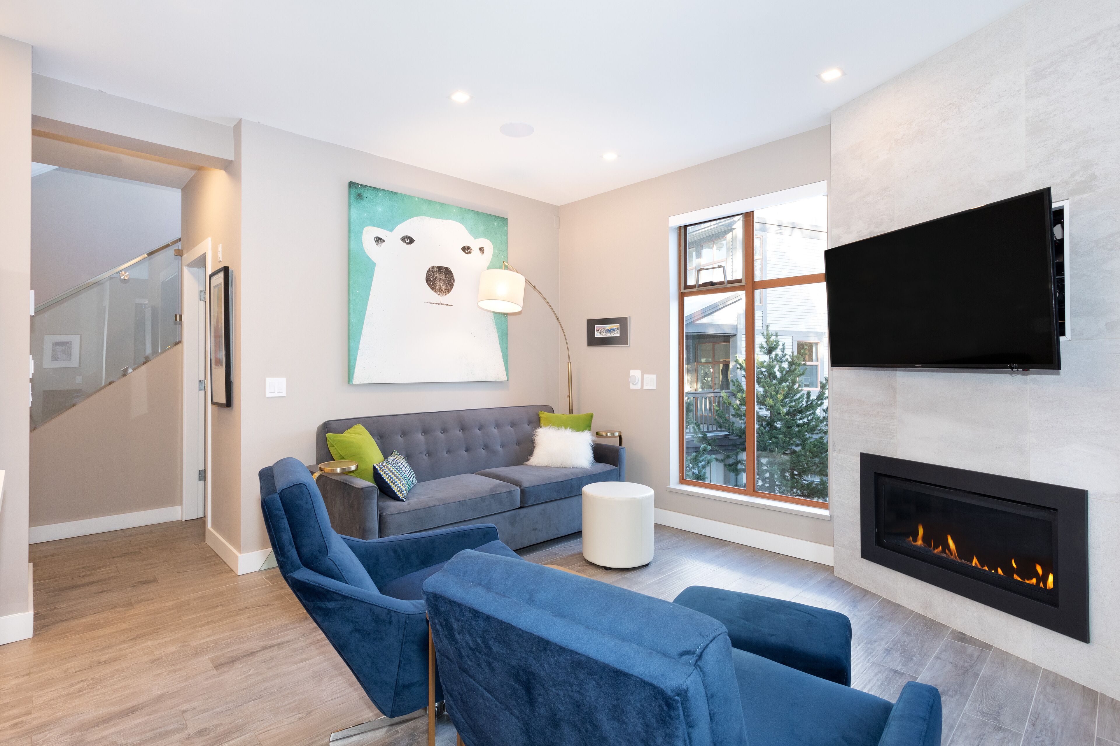 TV, fireplace, DVD player, stereo