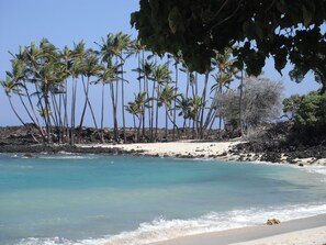 A beach with clear turquoise water, palm trees, and rocky terrain.