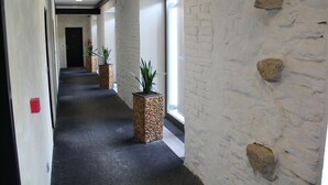 A hallway with a stone wall, a carpeted floor, and two potted plants. - Hotel U Tri volu (Býkovice)