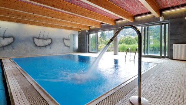 An indoor swimming pool with a clear view of the surrounding area, including a wooden ceiling and large windows. - Hotel U Tri volu (Býkovice)