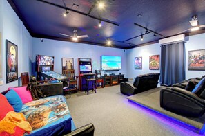 Smart TV, fireplace, video games, DVD player