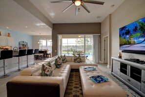 Smart TV, fireplace, video games, DVD player