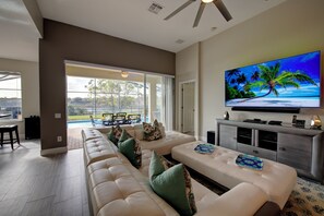 Smart TV, fireplace, video games, DVD player