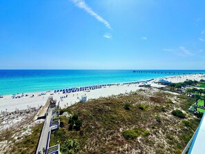 On the beach, sun-loungers, beach towels