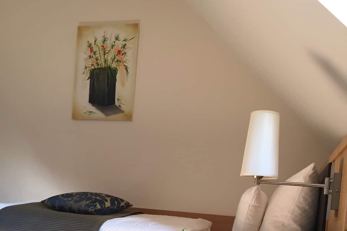 Ropa de cama hipoalergénica y caja de seguridad en la habitación