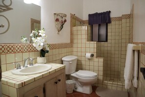 A bathroom with a sink, toilet, and shower area.