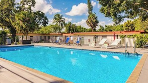 A swimming pool with lounge chairs and a wooden deck. - #6 Heated Pool, Private Patio & Grill, 1BR+sunroom (Fort Lauderdale)