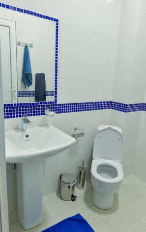 A bathroom with a white sink, a toilet, and a blue-tiled wall. - Nana's Home (Kutaisi)