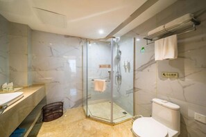 Een moderne badkamer met een douchecabine van glas, een toilet en een wastafel.