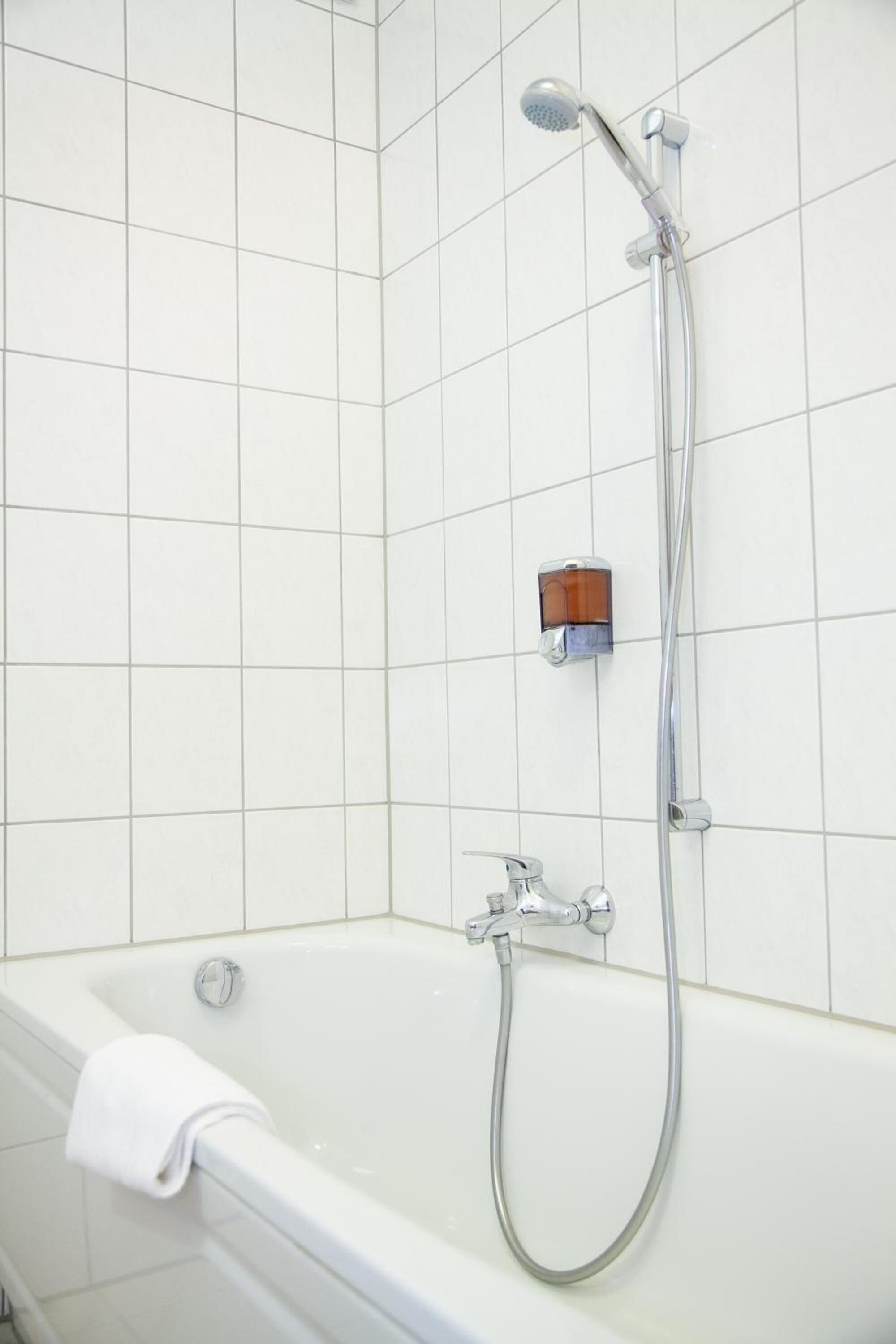 hair dryer, towels, soap, shampoo