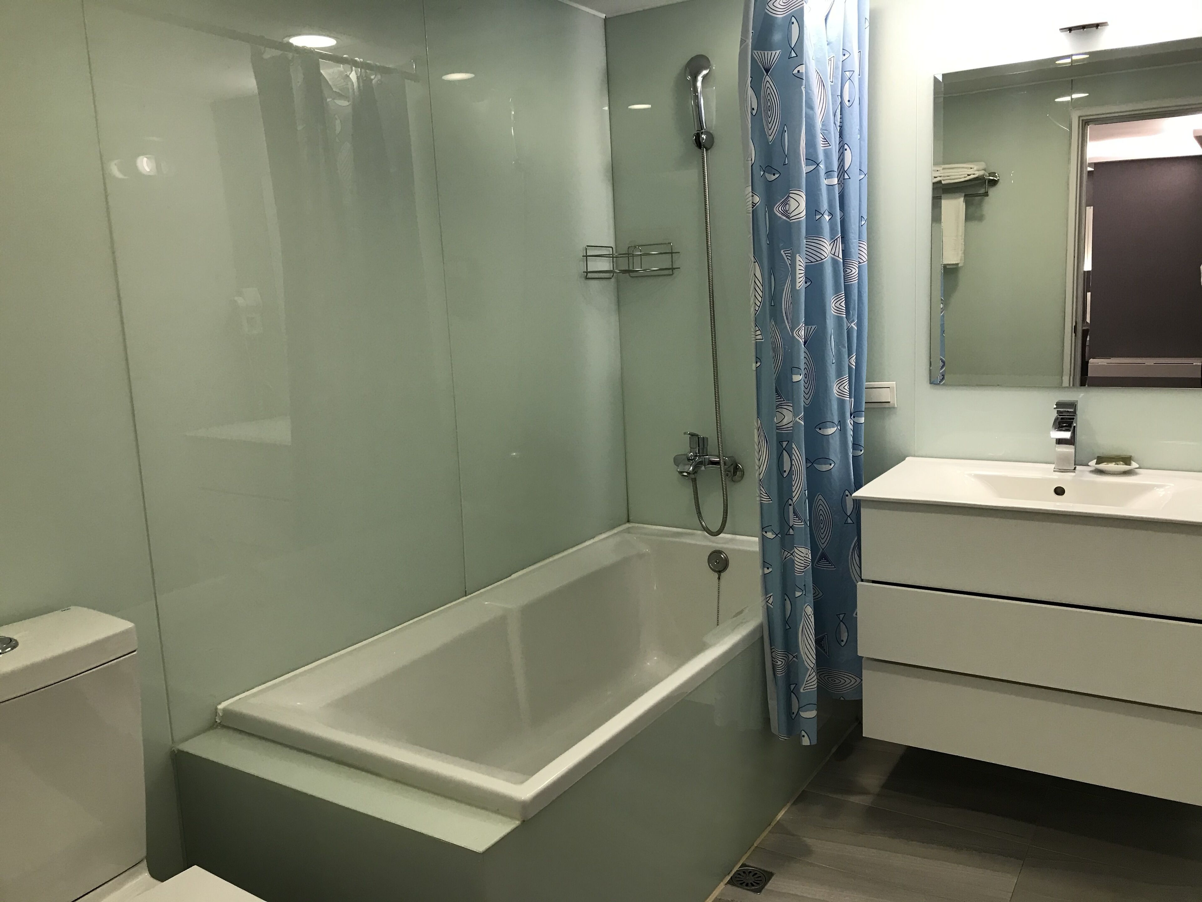 standard double / twin  room, no window | bathroom | shower, hair dryer, slippers, towels